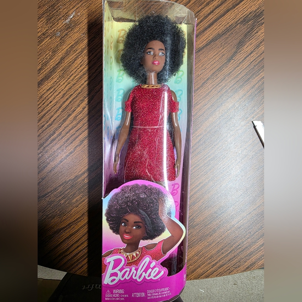 Barbie Doll with Black Curly Hair and Red Dress